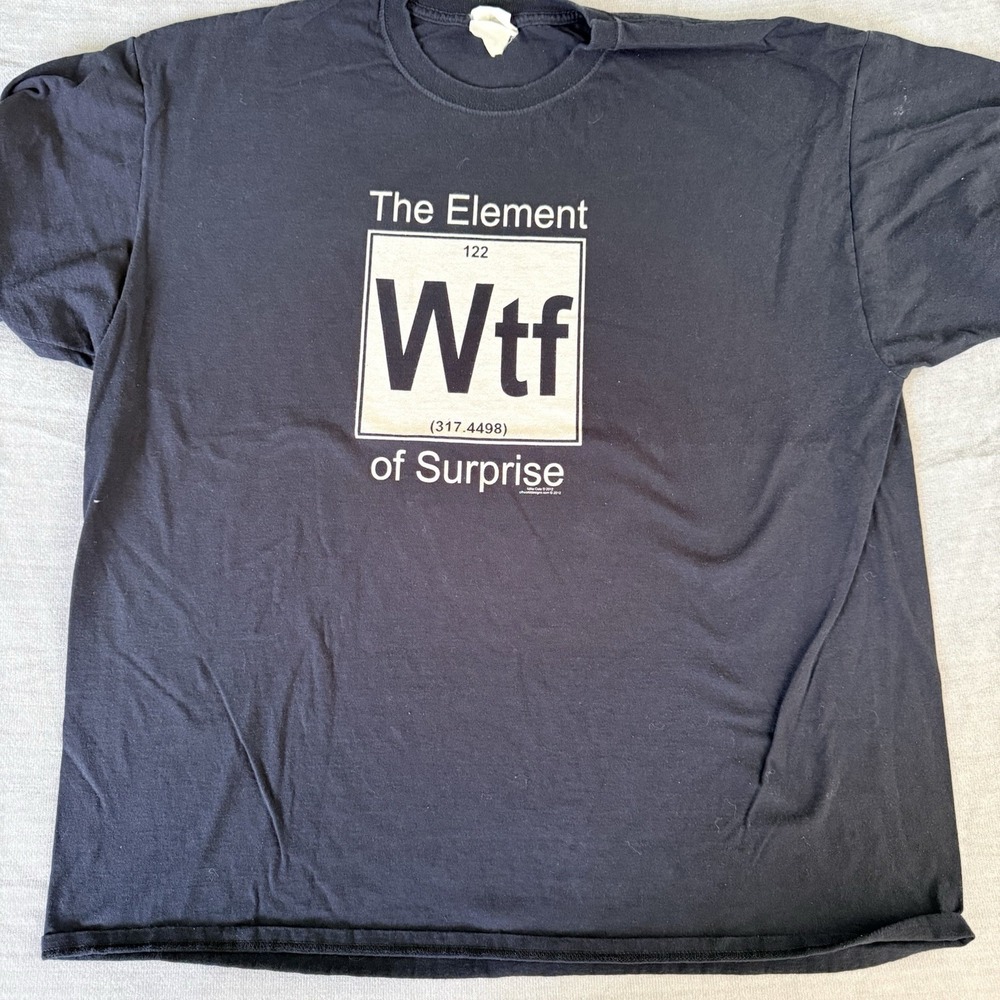 WTF Element of Surprise T Shirt Mens XL Black Graphic Funny Science Humor Tee